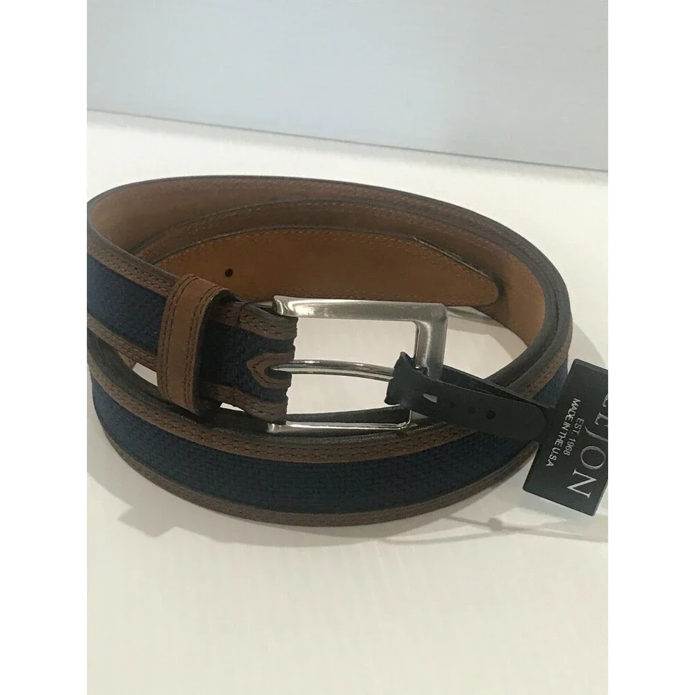 Lejon Men's Woven Belt Leather Trim Natural Fiber Navy & Brown Silver Buckle 50